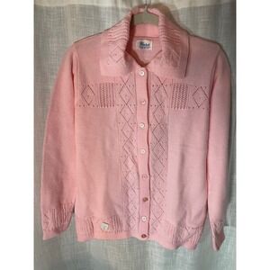 Vintage Wintuk Cardigan Medium Pink Acrylic Pointelle Knit Pearl Buttons ‎ NWOT